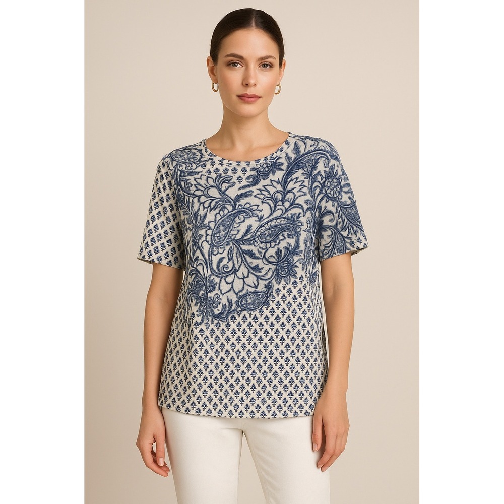 Rebecca Taylor Shirt Women Large Blue White Linen Floral hort Sleeve Tee Boho